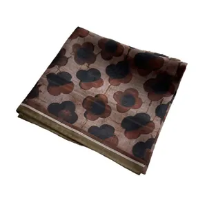Retro brown and olive green square silk scarf with vintage floral patterns for women