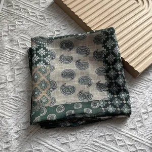 Vintage green cotton paisley square scarf with French floral patterns and a boho aesthetic