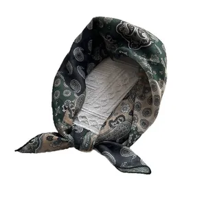 French vintage paisley cotton linen square scarf with retro pattern in dark green and black