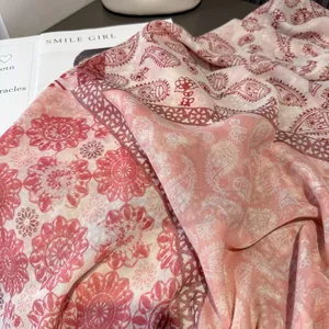 Pink paisley cotton linen scarf for women with vintage floral pattern summer shawl style