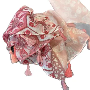 Pink paisley cotton linen scarf with geometric floral patterns and fringe tassels