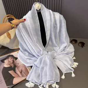 Ethno floral light blue cotton linen beach shawl with white fringe and tassels