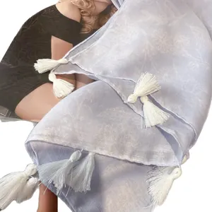 Ethnic style light blue floral cotton linen beach scarf with white tassel fringe edges