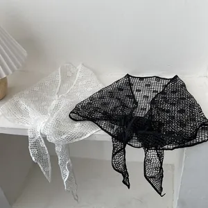 Elegant sunflower hollow crochet triangle scarf in black and white knit lace style