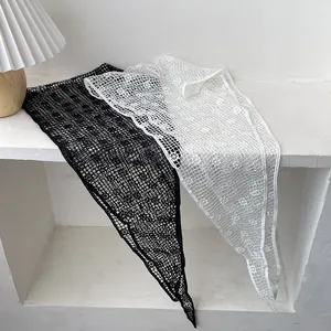 Women's Hollow Crochet Lace Triangular Scarf Korean Style Floral Knit Shawl For Summer Sun Protection Travel Beach Decorative Scarf