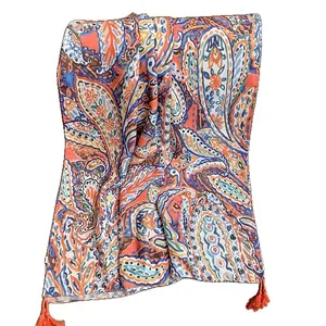 Ethnic paisley long shawl wrap with orange tassels for travel and beach sun protection