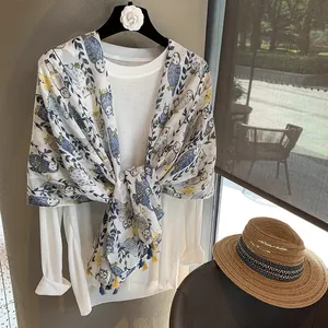Women Lightweight Scarf Owl Print Sun Protection Shawl With Tassel Fringe Polyester Wool Blend Large Wrap For Summer Beach