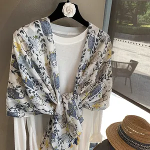 Elegant lightweight white scarf featuring cute owl prints and tassels for women's summer sunshade