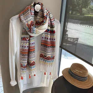 Bohemian colorful geometric pattern scarf with red tassels and summer beach style prints