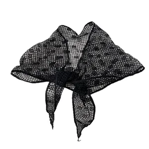 Elegant black lace hollow sun flower embroidered knit triangle scarf with ribbon tie