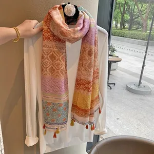 Bohemian floral printed long scarf with colorful tassels and light summer fabric