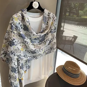 Summer silk scarf with owl and floral print, lightweight breathable sun protection shawl