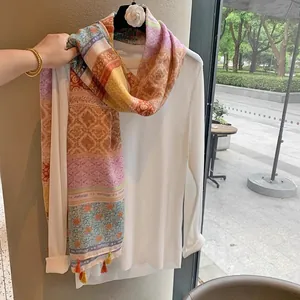 Bohemian floral printed long scarf for women featuring colorful tassels and soft drape