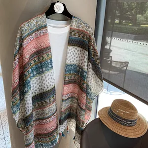 Bohemian printed summer shawl with ethnic floral patterns and cotton fringe tassels