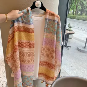 Long colorful floral chiffon scarf with boho prints and tassels for summer sun protection