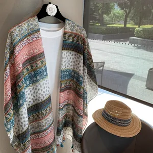 Bohemian floral beach shawl with tassels and ethnic print for summer resort style