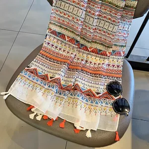 Detail view of bohemian geometric pattern scarf with colorful stripes and fringe trim