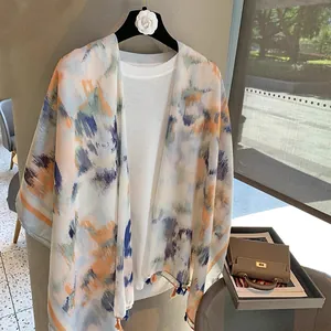 Artistic ink print cotton linen scarf with tassels and blue orange gradient strokes