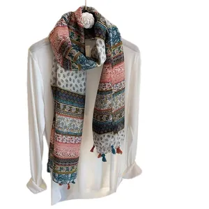 Bohemian floral printed scarf with tassels, lightweight summer beach shawl wrap