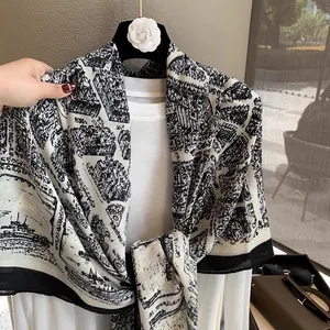 Parisian architecture print cotton linen shawl with elegant black borders and oversized fit