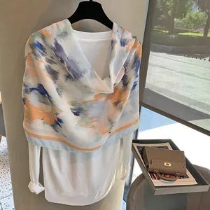 Artistic linen silk scarf featuring abstract oil painting print in vibrant colors