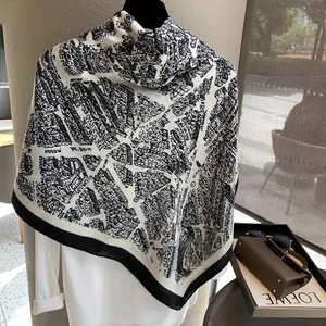 Paris city map print large square cotton linen scarf in black and white for sun protection