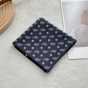 Blue paisley cotton linen square scarf with vintage floral patterns for women