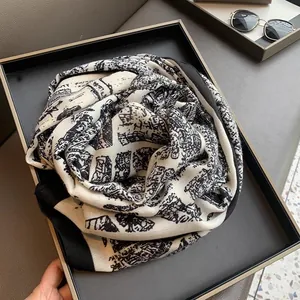 Close-up of black and white vintage city map printed cotton linen large square scarf
