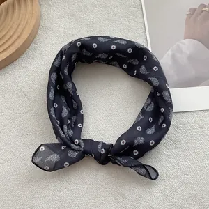 Navy blue cotton linen paisley square scarf with vintage floral print for women