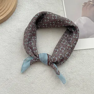 Silk-like floral cotton linen square scarf with vintage geometric patterns for women