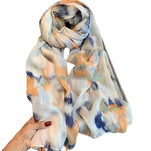 Linen cotton gradient scarf for women with ink painting pattern for summer vacations