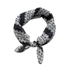 Blue and white cotton square scarf featuring vintage geometric patterns and wave prints