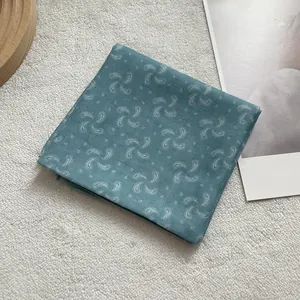 Morandi blue paisley silk scarf with vintage cashew floral print for casual travel