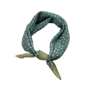 Green and white floral cotton linen square scarf in a decorative ring shape