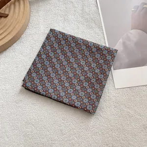 Pastel vintage floral cotton linen square scarf with blue and brown geometric patterns