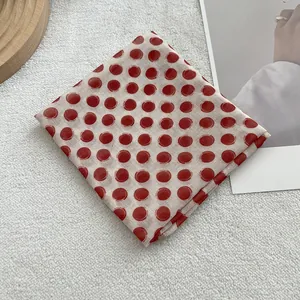 French vintage style cotton linen square scarf with red polka dots on ivory base