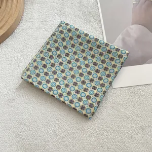 Vintage floral cotton linen square scarf with blue circles on pale yellow background