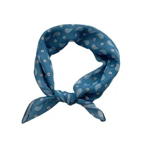 Blue paisley cotton linen square scarf with vintage artistic floral patterns for women