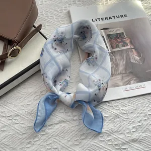 Women Fashion Cute Printed Cotton Square Scarf Fresh Floral Butterfly Hedgehog Pattern Neck Scarf Bandana Hair Accessory