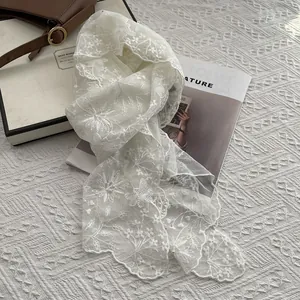 Elegant white floral lace embroidery scarf with pearls and scallop edge mesh