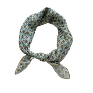 Pastel floral cotton linen small square scarf with blue and brown patterns for women