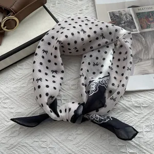 French style polka dot bow square scarf with lace printing on textured white background