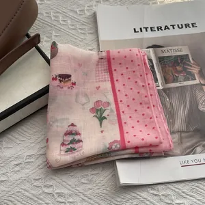 Pink printed silk scarf with strawberry and floral patterns for hair or neck