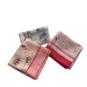 Three-piece set of printed square scarves featuring hedgehog and tulip patterns