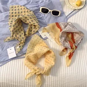 Three-piece set of summer cotton linen square scarves with floral and polka dot patterns