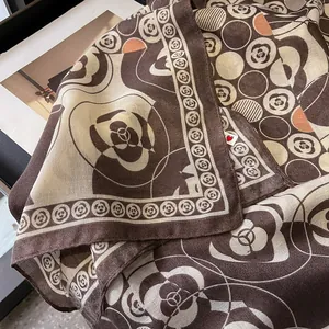 Soft cotton linen scarf with camellia flower pattern and elegant heart label detail