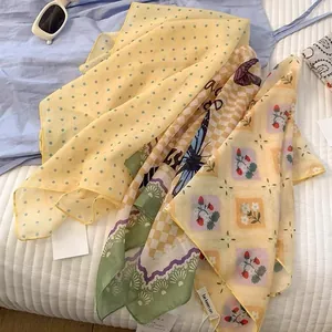 Elegant floral print cotton linen square scarf for women sun protection head accessory
