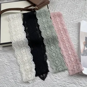 Elegant white floral lace skinny scarf with intricate embroidery and wavy edges