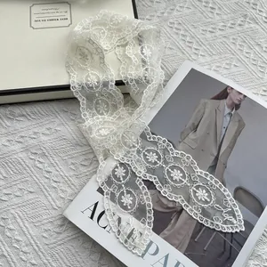 White lace mesh skinny scarf with floral embroidery for women elegant summer neck wrap