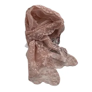 Elegant light pink lace scarf with floral embroidery and delicate pearl accents